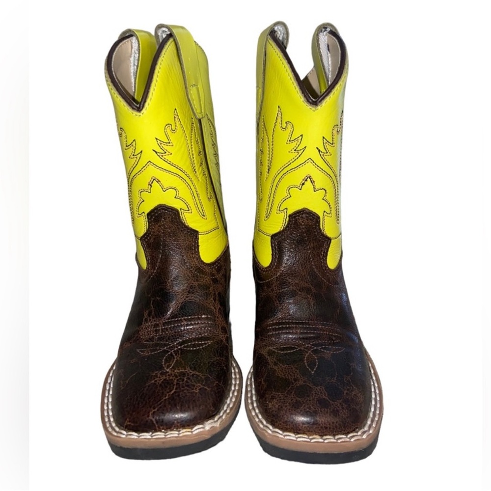 Like new in box Old West leather Brown and Yellow Western Boots
